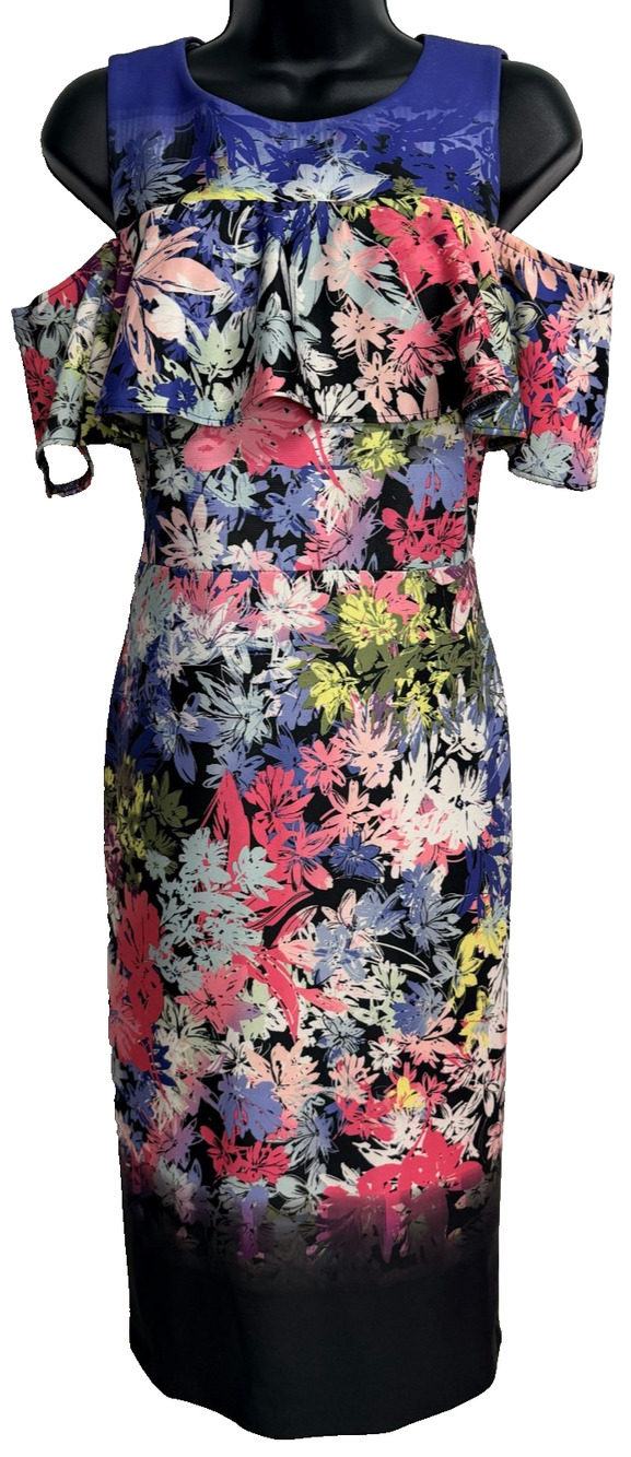 ECI New York Sheath Dress Women's 4 Floral Cold Shoulder Ruffle Neck Stretch NEW